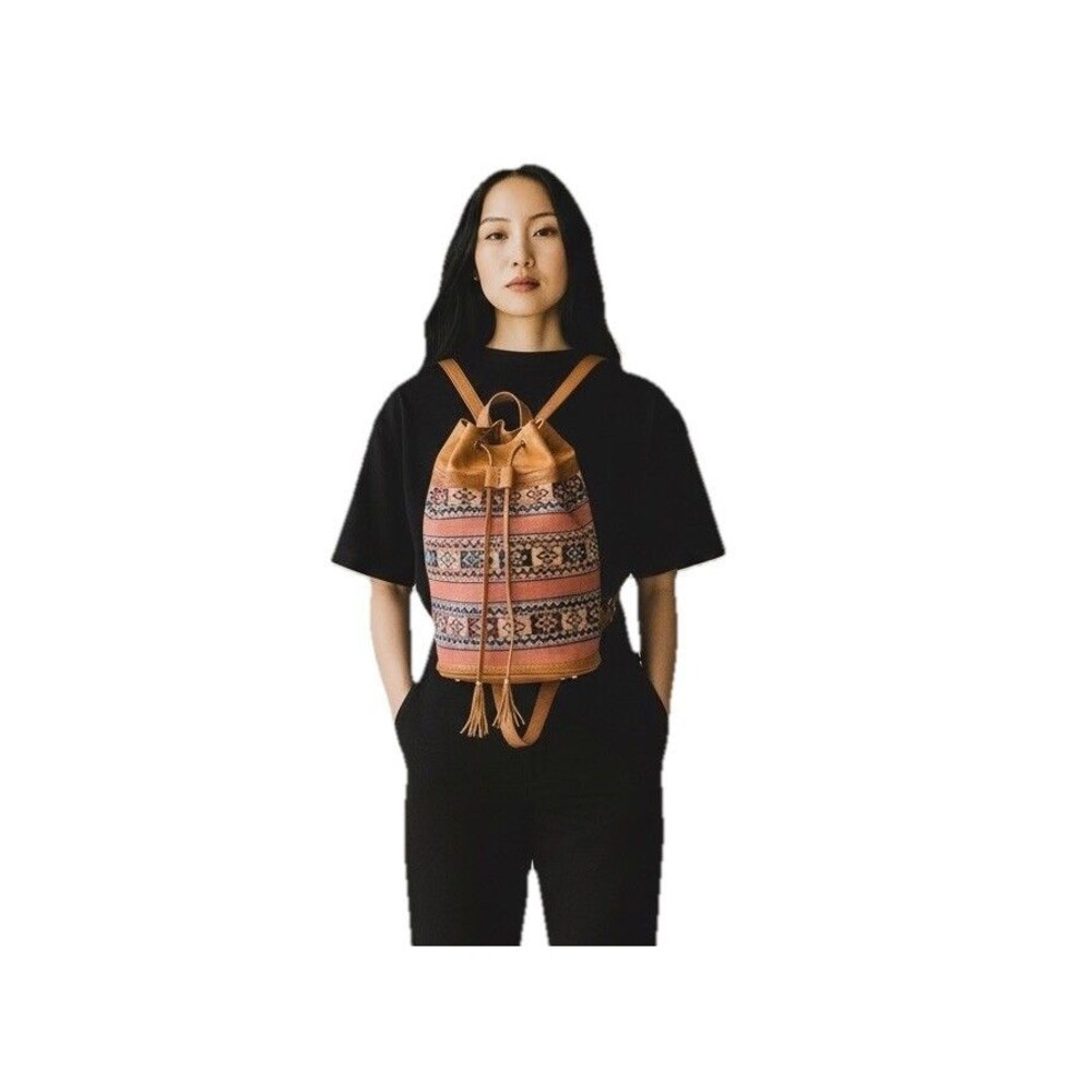Vintage Leather Wool Kilim Drawstring Backpack Large Multi-Color Tooled Bag Boho - Picture 2 of 15